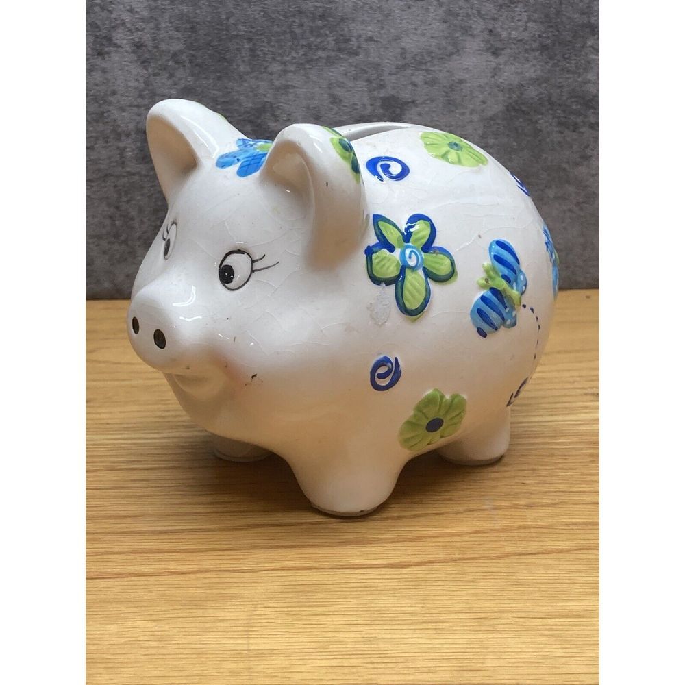 ceramic blue Green flowers floral pattern piggy bank